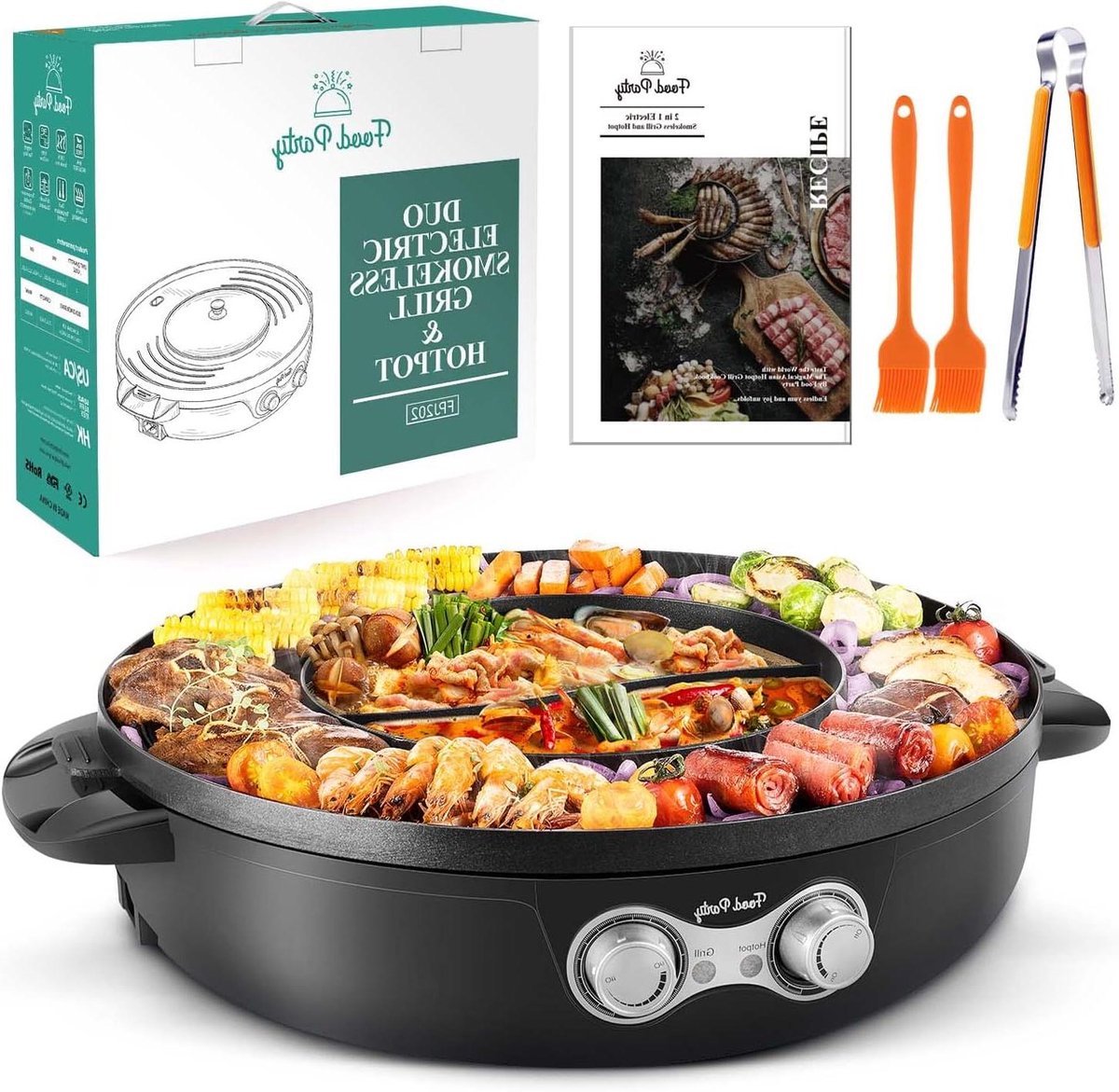 Elektrische Grill Pan - Hot Pot - Samen Tafelen - Dubbele Kookzones - 42 cm Diameter - Zwart