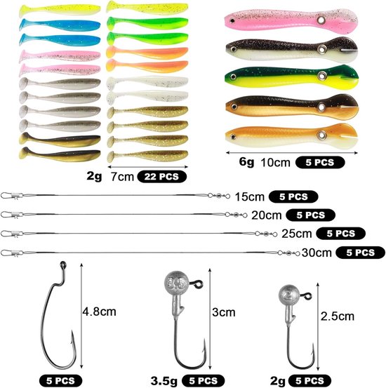 62-delige Rubber Aas Set met Jigkoppen, Offset Haken en Stalen Leiders - Kunstmatige Aas voor Snoek, Zander en Baars van 100/70mm T-Tail — afbeelding 5