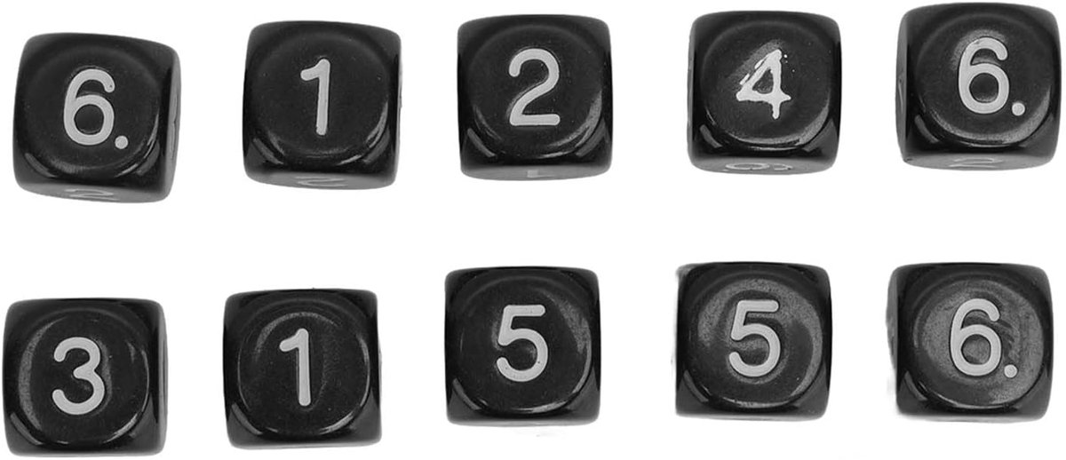 SnelShoppen - Pack van 20 Zeszijdige Plastic Cijfers Dobbelstenen, 16 mm, Ronde Hoeken, Polyhedrale Dobbelsteen Set voor Onderwijs, Bordspellen (Zwart