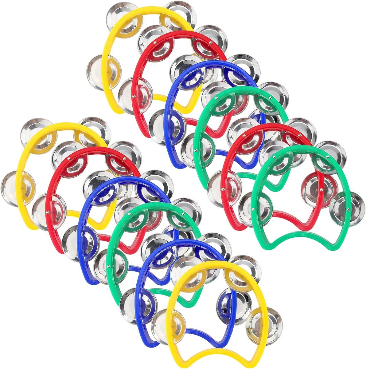 SnelShoppen - 12 Stuks Half Maan Hand Tambourine, Plastic Tambourine met Klokken voor Feest, Kinderen, Thuis, Kleur: Blauw, Geel, Groen, Rood