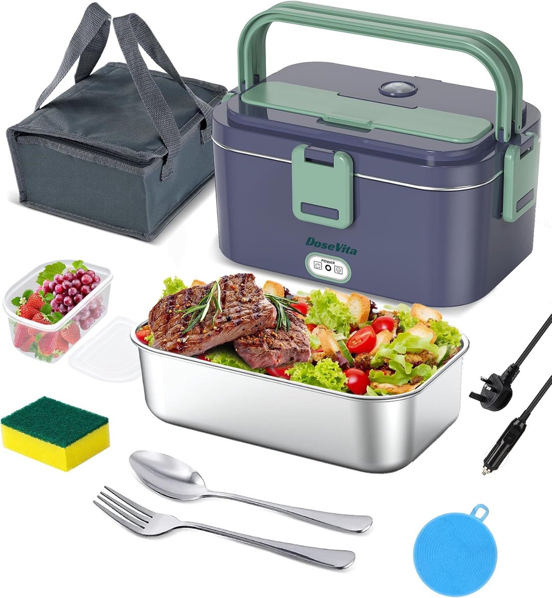 SnelShoppen - Elektrische Lunchbox 70W Snelle Verwarming 1.8L Draagbare Voedselwarmer voor Auto en Thuis met Afneembare 304 RVS Container, Lepel & Vor