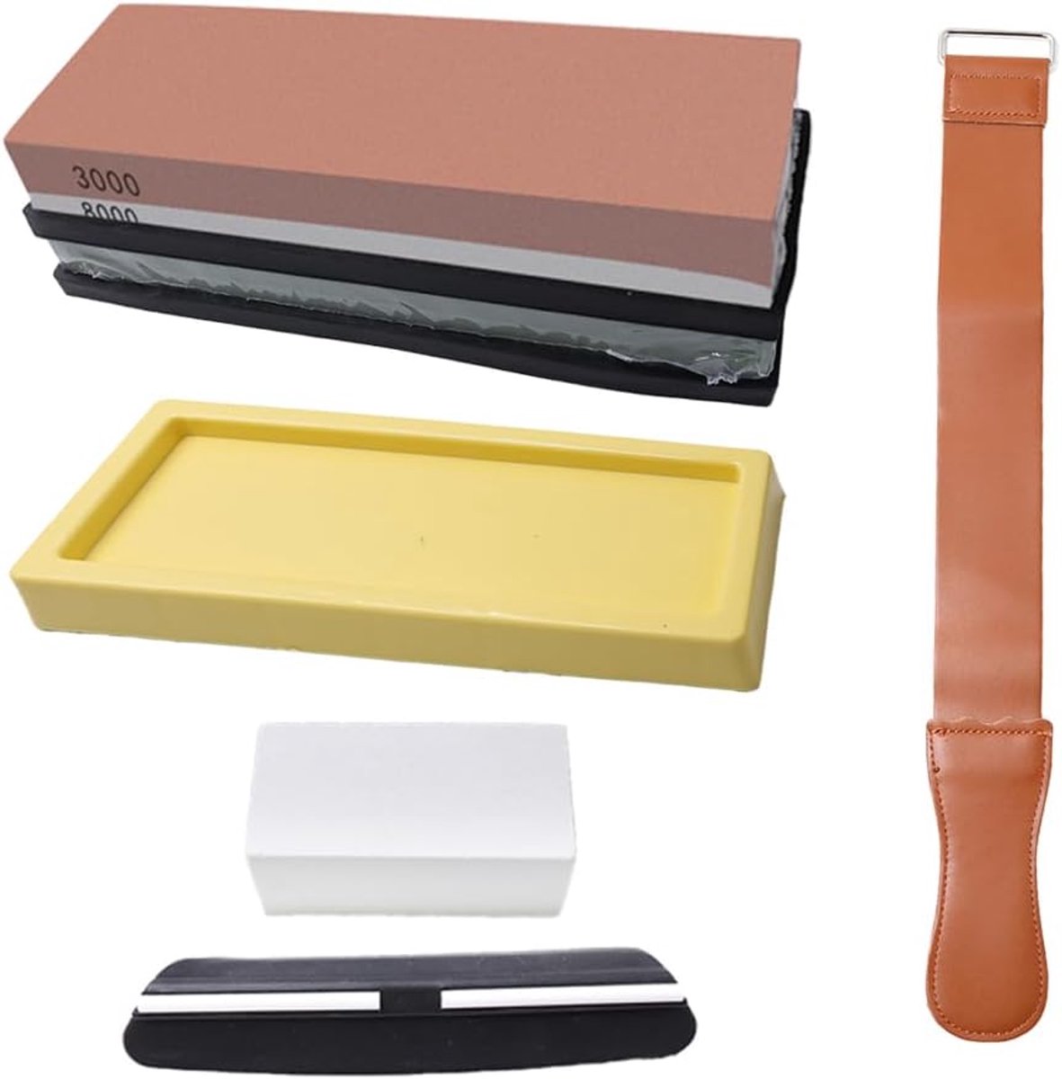 SnelShoppen - Professionele Slijpsteen Set voor Messen - Slijpstenen met Korrels 400/1000 en 3000/8000 - Inclusief Bamboe Basis, Hoekgids en Leren Str