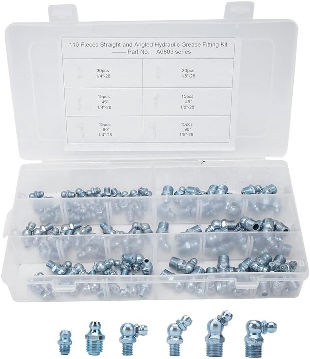 SnelShoppen - 110-delige Smeringsnippel Assortiment Kit, 45° 90° 180° 1/8in 1/4in Boteruitgang Set, IJzer Zink Geplated Hydraulische Zerk Aansluitinge
