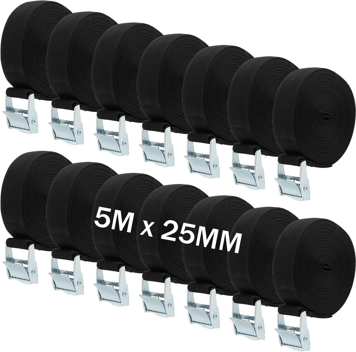 SnelShoppen - 14 Stuk 5m x 25mm Lashing Straps Verstelbare Zware Tension Straps met Cam Buckle voor Fietsdrager, Vrachtwagen, Auto Bagage, Zwart