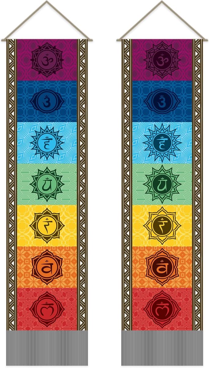 SnelShoppen - Pack van 2 Kleurrijke Yoga Chakra Wandkleden met Kwastje - Wanddecoratie voor Kamer Kunst Thuisdecoratie, 33 x 130 cm