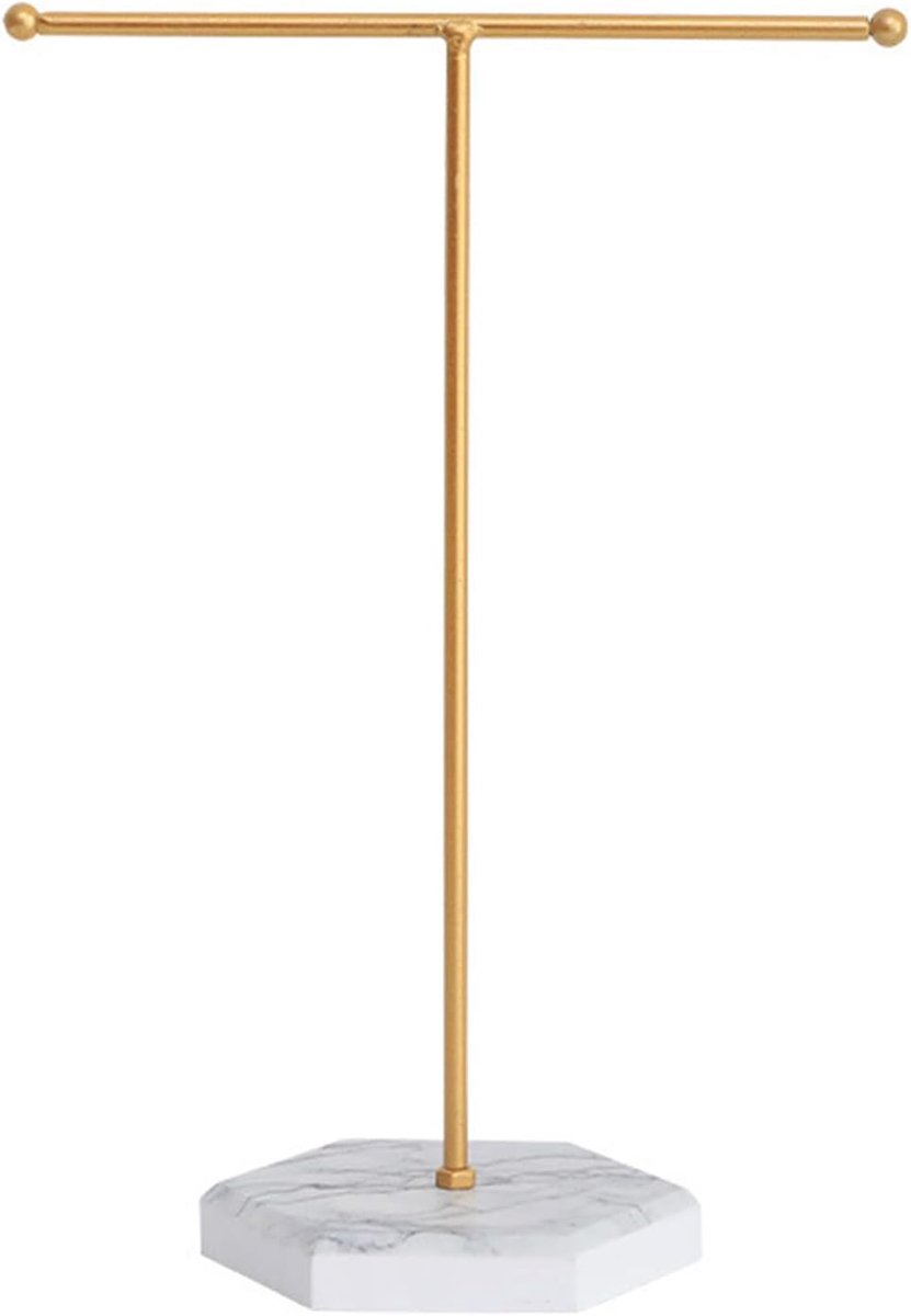 SnelShoppen - Sieradenstandaard T-vormige Sieradenopbergrek voor Kettingen, Armbanden, Oorbellen, Ringen - Gouden Stang met Witte Basis - 26 x 18.5 cm
