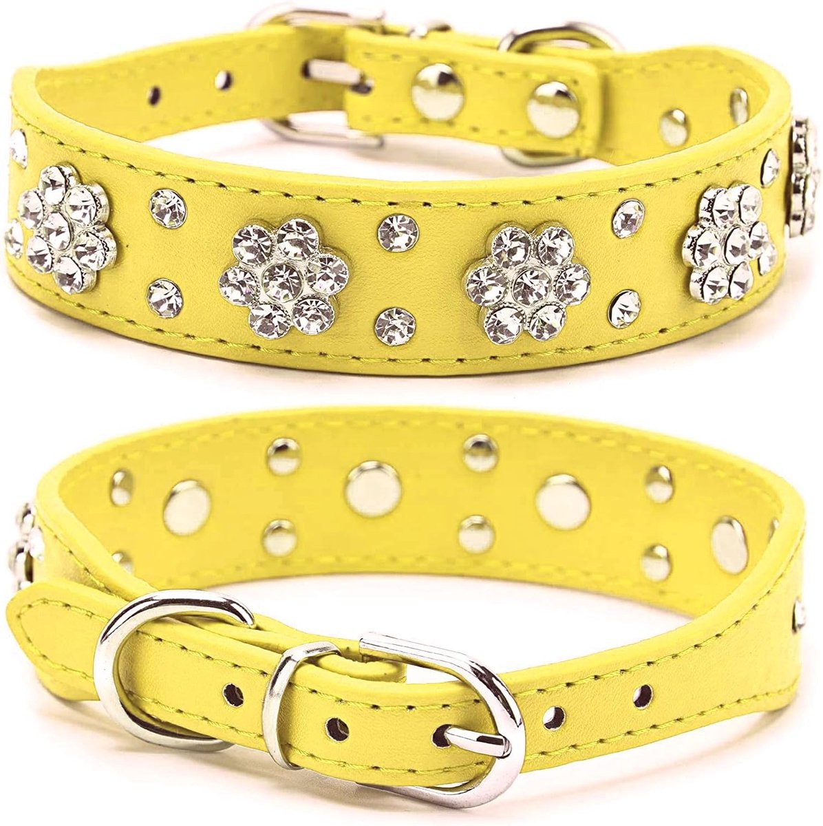 SnelShoppen - Rhinestone Hondenhalsband met Bloem, Bling Krystal Kattenhalsband van PU Leer, Verstelbare Maten Klein Medium Groot (S, Geel)