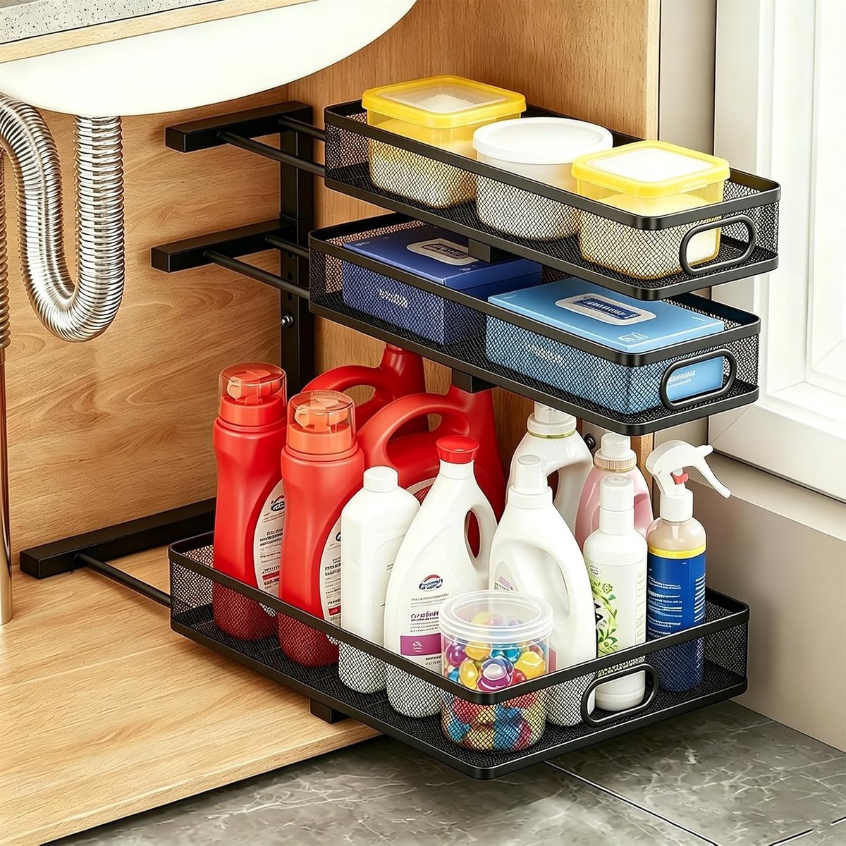 Organizer voor Onder de Gootsteen - 1 Pack - Uittrekbare Lagen met Antislipmatten - Voor Keuken en Badkamer