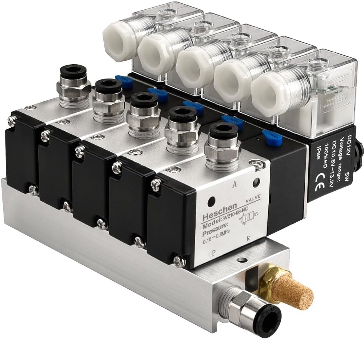 SnelShoppen - Elektrische Pneumatische 5 Weg Solenoid Ventiel 3V210-08, DC12V, PT1/4, 3/2 Weg, Manifold Basis Luchtfittingen Set voor Pneumatische Toe