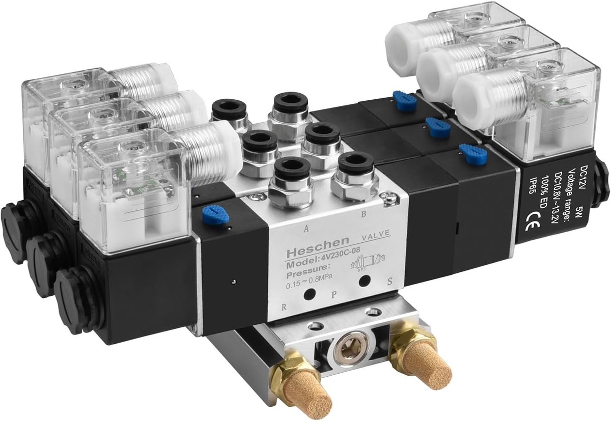 SnelShoppen - Elektrische Pneumatische Drievoudige Solenoid Klep, 4V230C-08, 12VDC, PT1/4, 5-Weg 3 Positie, Manifold Basis, Demper, Snelaansluitset, C