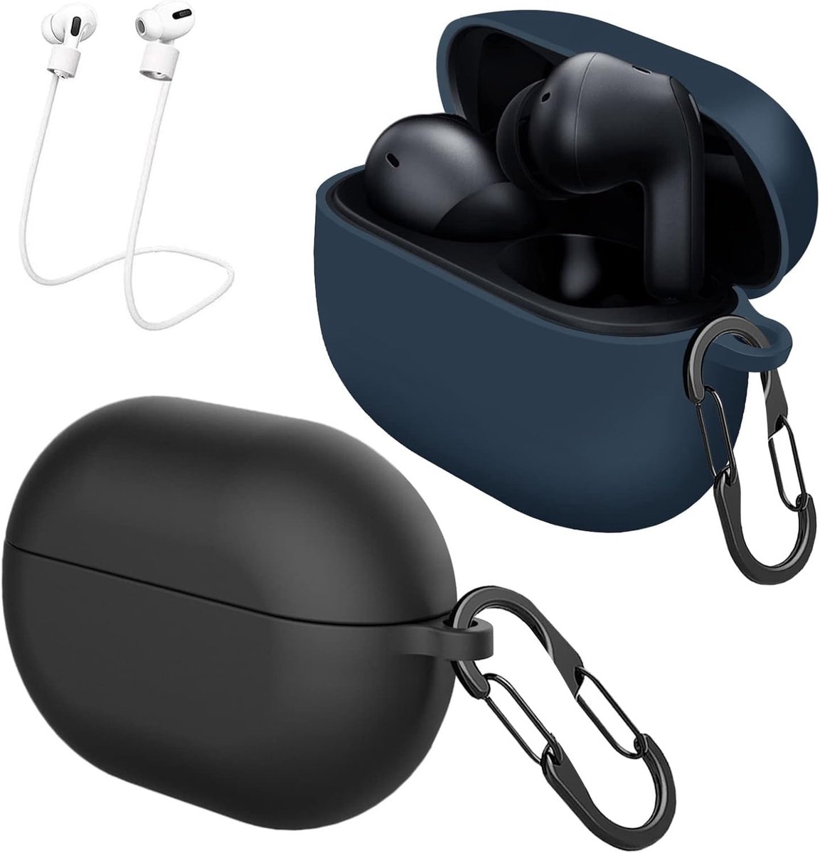 SnelShoppen - Set van 2 Beschermhoezen Geschikt voor Xiaomi Redmi Buds 4 Pro, Met 2 Carabiners, 2 Anti-Verlies Lijnen, Schokbestendige Silicone Hoes,