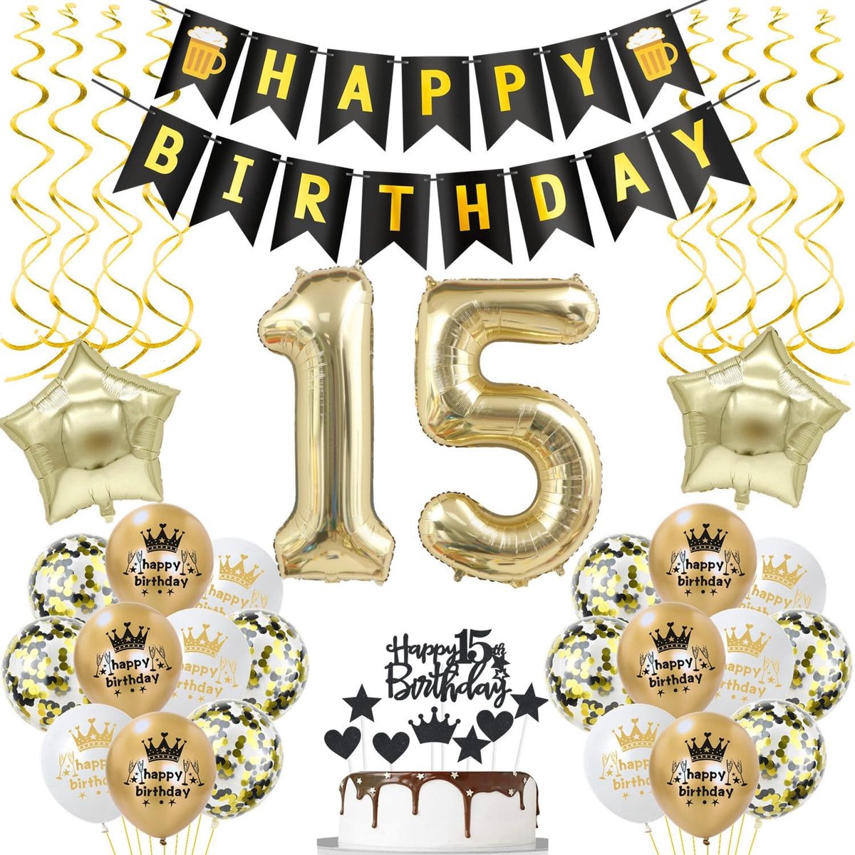 Verjaardagsdecoratie 15 jaar - zwart goud - feestelijke ballonnen - stijlvolle uitstraling - ShopVlot