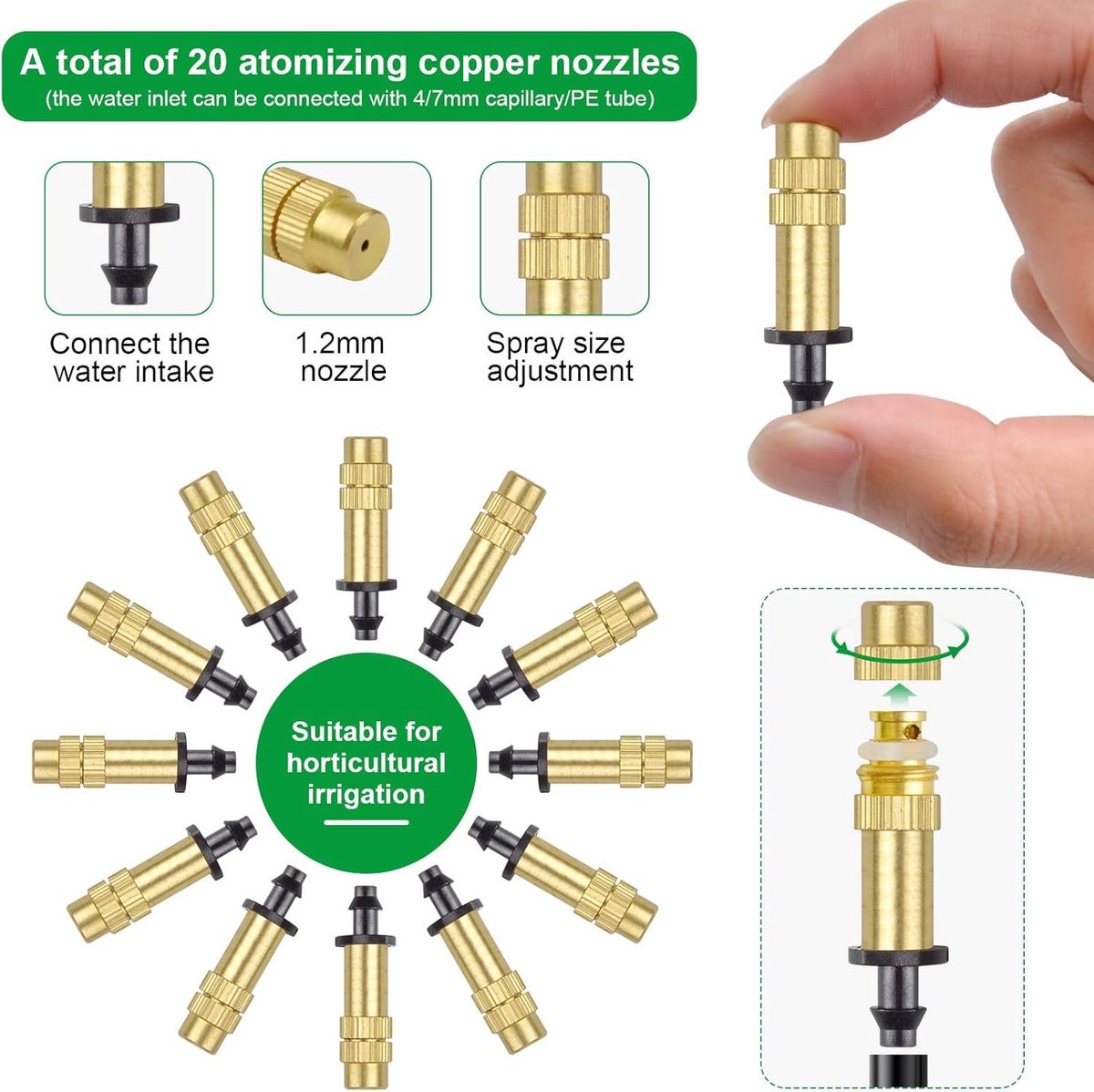 30 Stuks Verstelbare Koperen Misting Nozzle voor Drip Irrigation, Micro Sprinkler en Tuinbesproeiing voor Groenten en Kassen