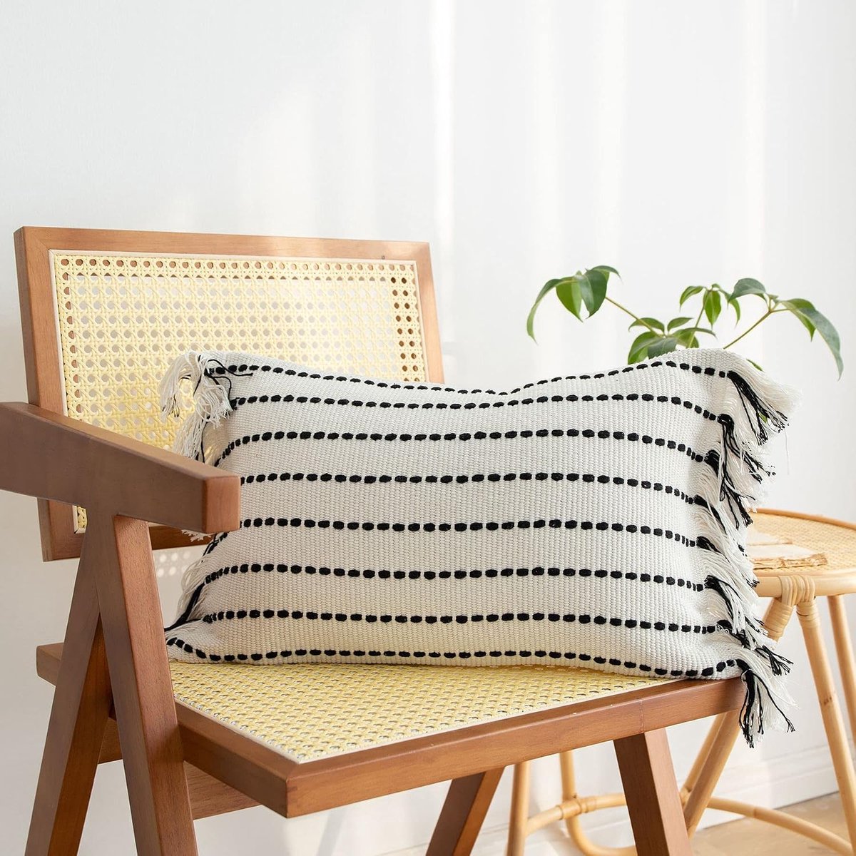 SnelShoppen - LIGICKY Decoratieve Lumbale Boho Kussensloop met Tassen Rectangular Geweven Katoen Kussenhoes Gestreepte Kussenhoezen voor Bank Slaapkam