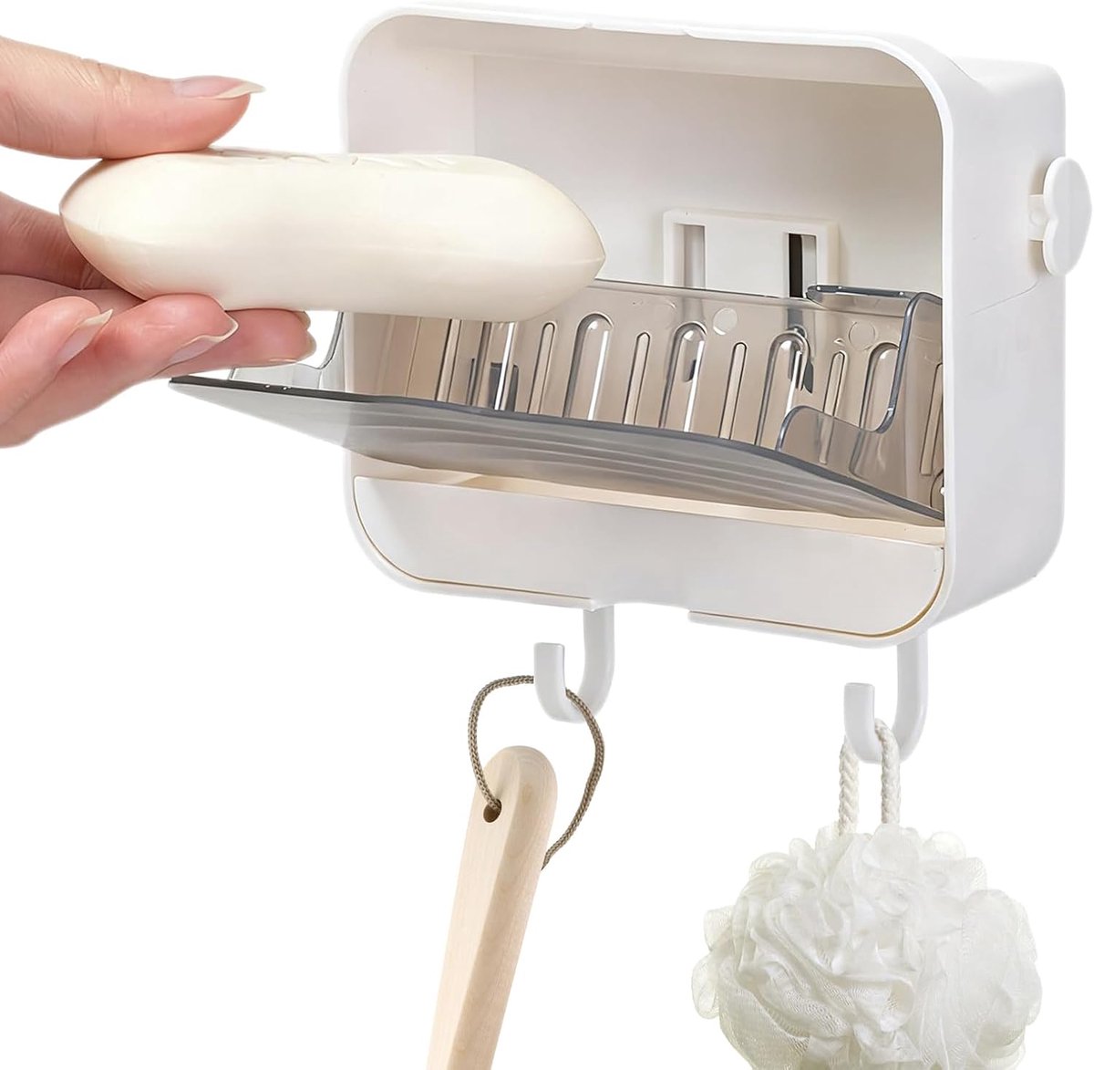 SnelShoppen - Wandgemonteerde Zeepdish met 2 Haken, Waterdichte Zeepdish, Reiszeepdoos met Wateropslagfunctie voor Keuken, Badkamer en Opslag (Wit)