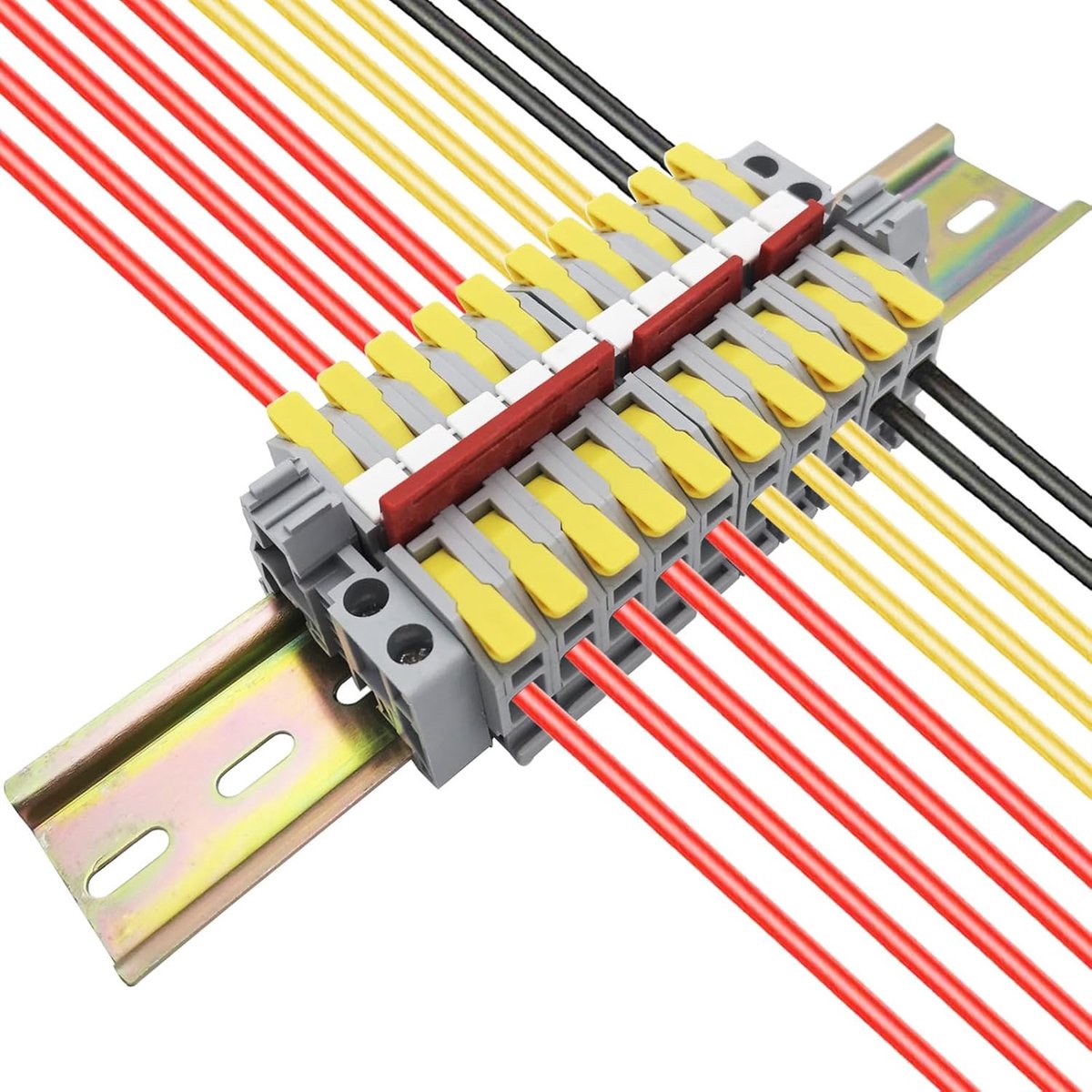 SnelShoppen - Din Rail Terminal Block Kit, 10 Stuks Gele Draad Klemmen, Universele Aansluitblokken met Markeringsstroken, Beveiligingsclip en Aansluit