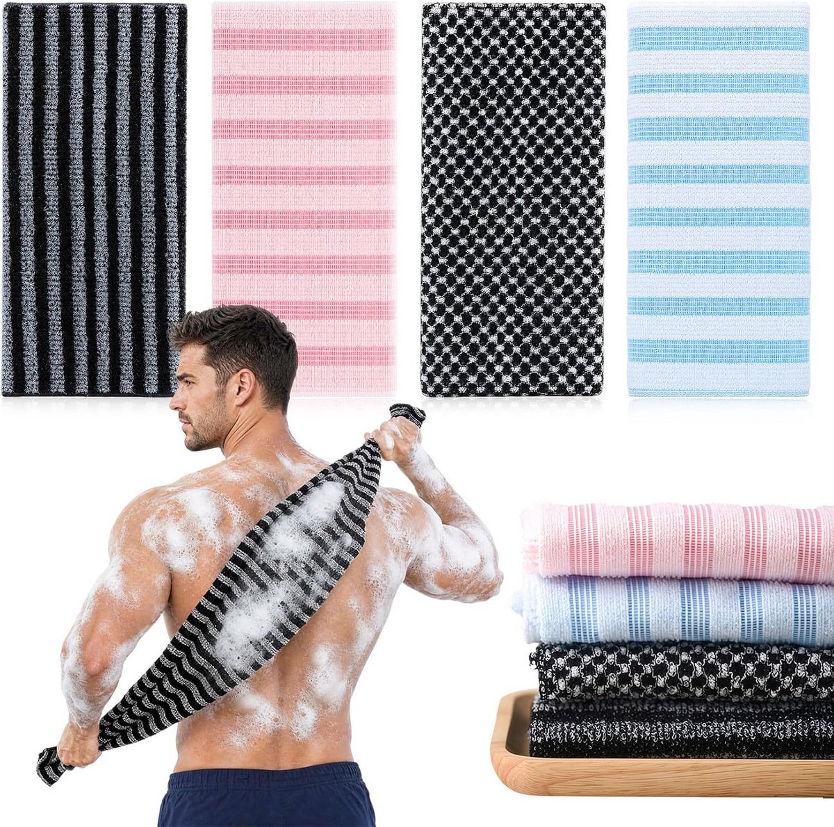 Japanse Scrubdoek Set van 4 stuks - 24x100 cm Lange Rugscrub Handdoek - Exfoliërende Douche Doek met Dubbele Textuur voor Lichaamsreiniging