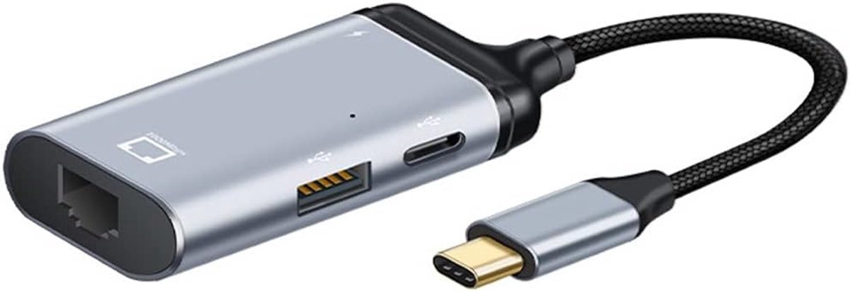 SnelShoppen - USB C HUB 4-in-1 Adapter, USB C naar RJ45, USB A/C Data, PD 65W Snelladen, Multiport Netwerkadapter voor Thuis en Kantoor