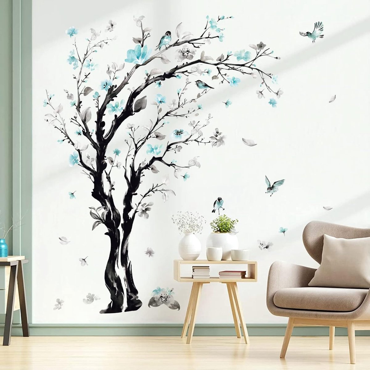 SnelShoppen - Muurstickers Bomen met Blauwe Bloemen Waterverf Bloesem - Decoratieve Wandstickers voor Slaapkamer, Woonkamer, Meubels, Keuken, Kinderen