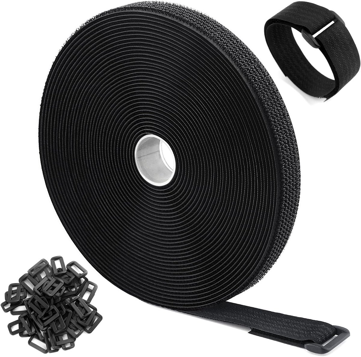 SnelShoppen - 15m x 2cm verstelbare kabelbanden met 70 gespen, gratis in te korten lengte, zwarte herbruikbare klittenband kabelbinders voor snoeren,