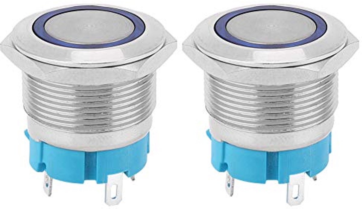 SnelShoppen - 2 Stuks 22mm LED Drukknop Schakelaar, Zelfvergrendelende Drukknop, RVS, Zilver 1NO [Energieklasse A] (Blauw-3-6VDC)