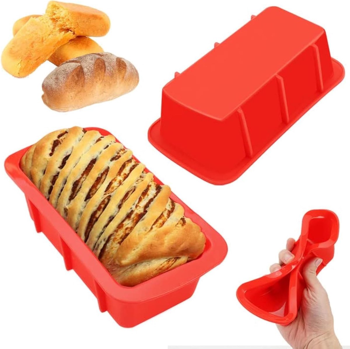SnelShoppen - Set van 2 Siliconen Brood Bakvormen 650 g | Flexibele, Antiaanbak, Rood, Rectangular 16.5 x 8.5 x 5 cm voor Brood, Taart, Muffins in Keu