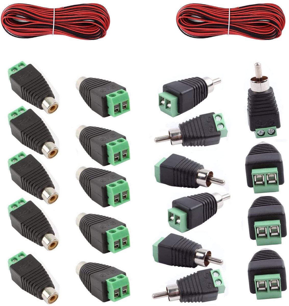 SnelShoppen - 20Pcs RCA Plug Adapter Kit - 10x Plug/10x Bus naar 2 Pin Terminal Blok - Voor Audio, Video Kabel, CCTV Camera, Speaker - Eenvoudige Inst