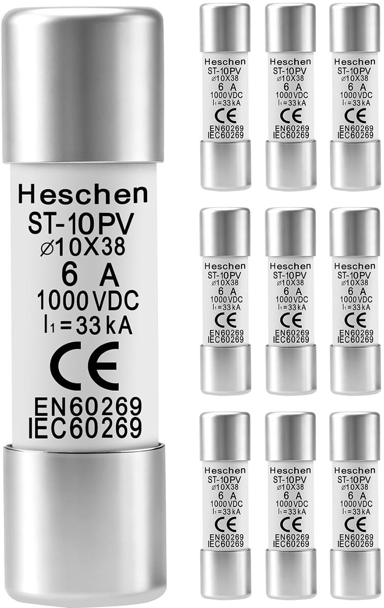 SnelShoppen - Heschen Zonnepaneel DC1000V PV Veilige Fuses, Fotovoltaïsche Fuses, GPV Type Fuse Aansluiting, ST-10PV, 10x38mm, 6A 1000VDC, voor Zonne-