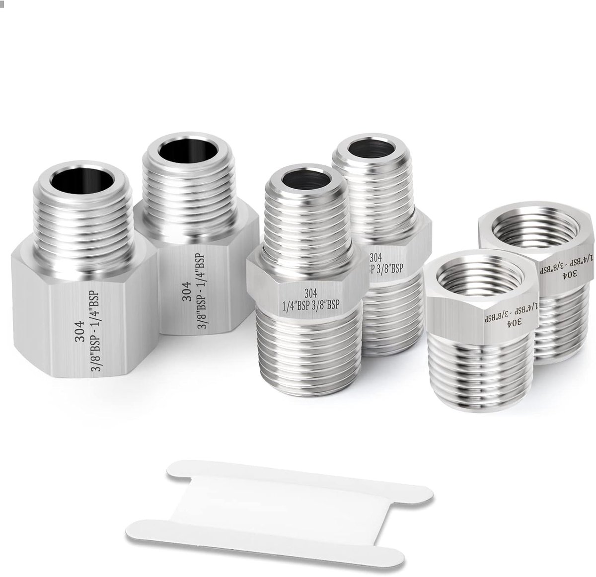 SnelShoppen - 6 Stuks 3/8" naar 1/4" BSP Buiskoppeling Set, 304 Rvs Reducer Adapter, Hex Nippel & Bushing voor Industrieel Loodgieterswerk