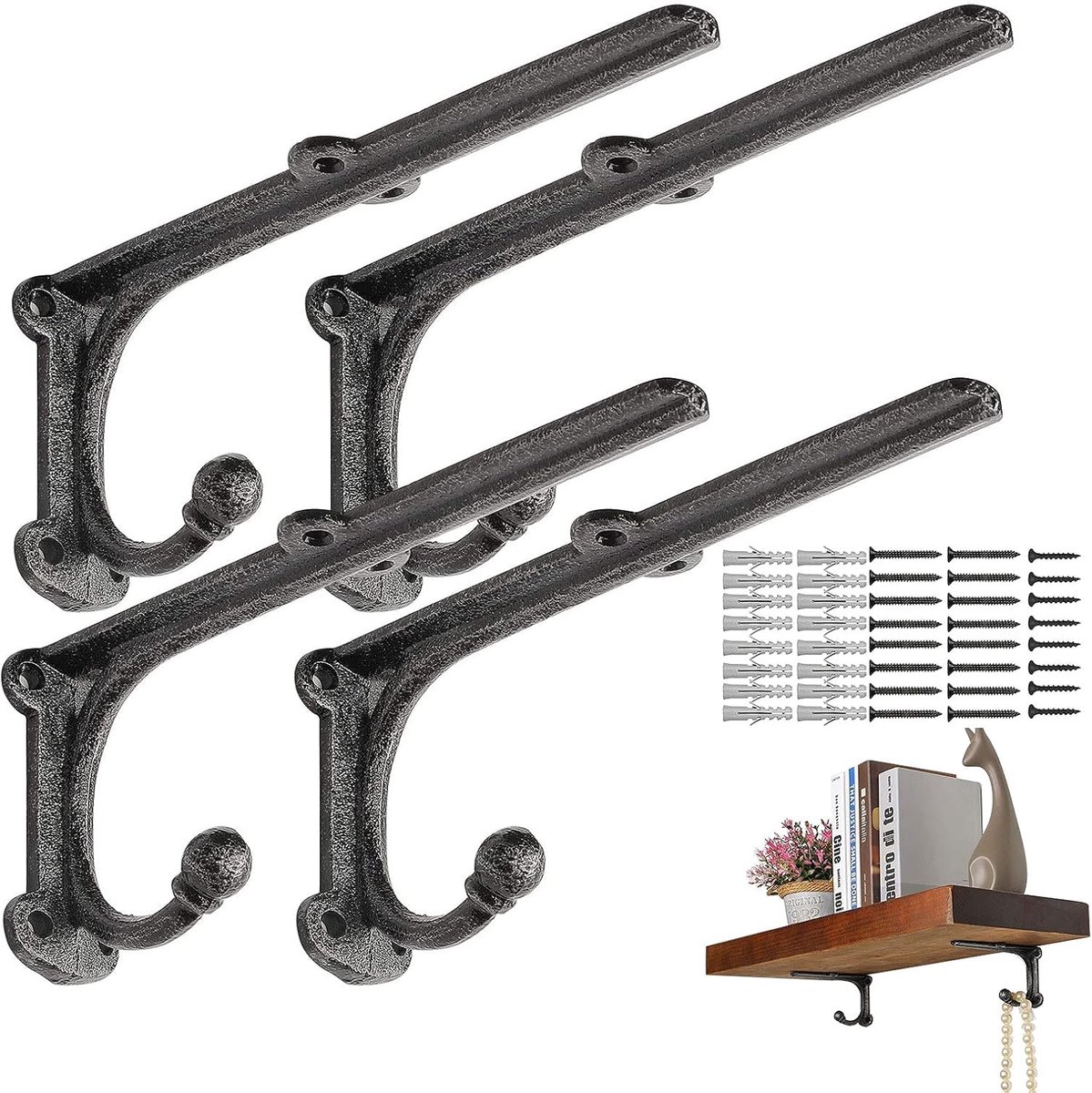 SnelShoppen - Metalen Planksteun met Haken, Robuuste Rustieke Wandplank Houder, Retro Planksteun, 20 x 8.5 cm, Set van 4