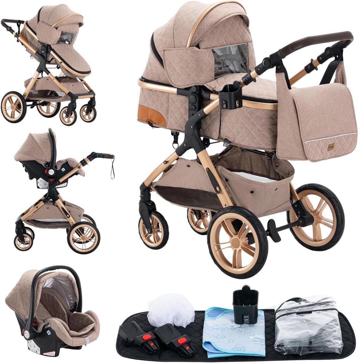 Kinderwagen 3-in-1 - Combinatie kinderwagen - Baby vervoeren - Eenvoudig opvouwbaar - 16 Kilogram - Khaki