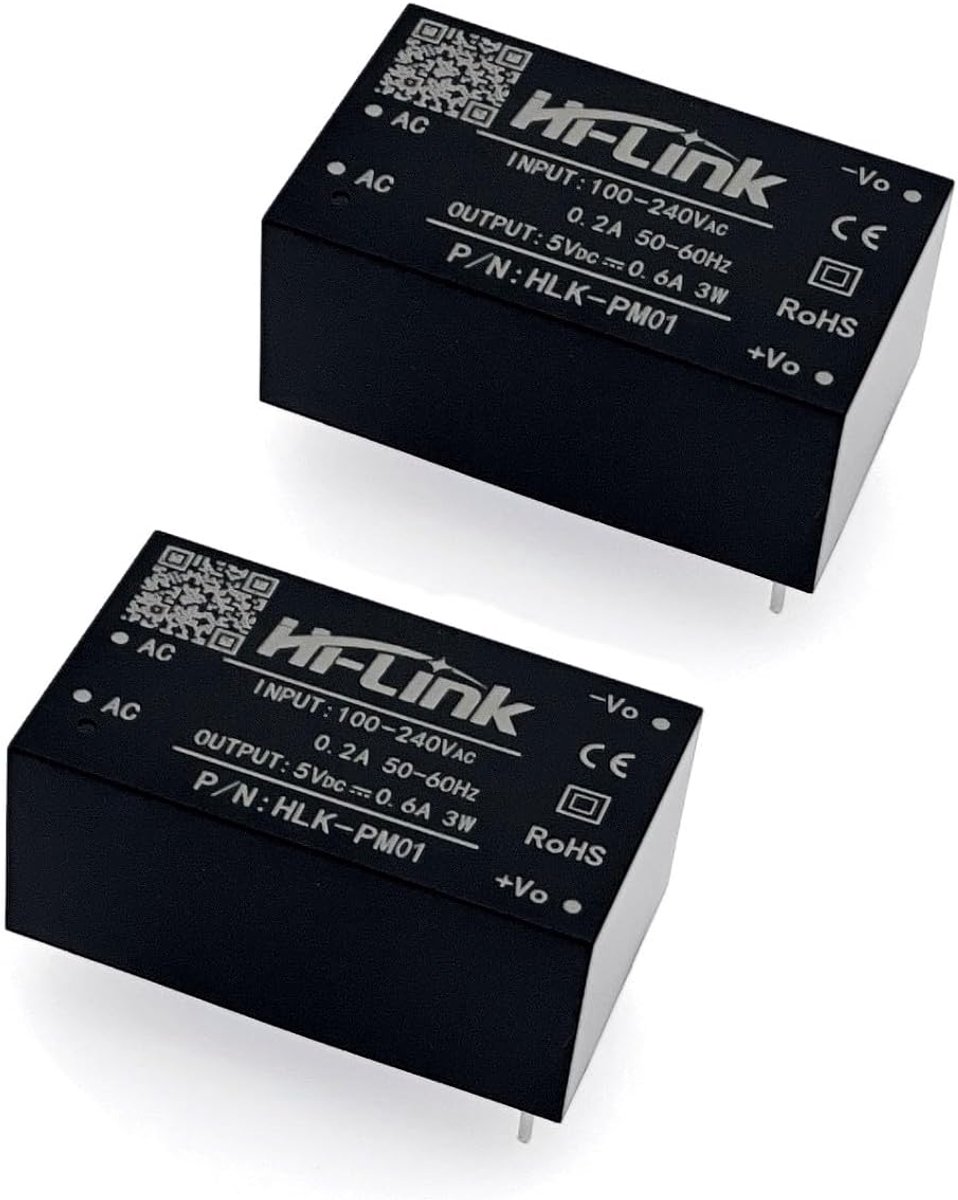 SnelShoppen - 2 x HLK-PM01 AC DC 220V naar 5V Huishoudelijke Voeding Module, 3W, 0.6A, Isolatie, Geschikt voor Intelligente Schakelaar, 100-240V