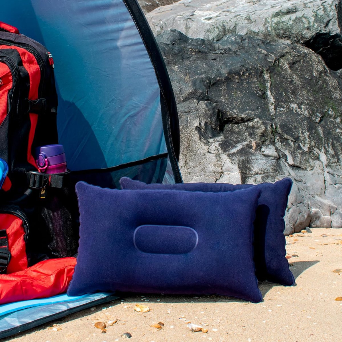 SnelShoppen - Opblaasbaar Camping Reiskussen Zacht Navy Blauw - Lichtgewicht en Comfortabel - Waterproof - Ideaal voor Kamperen, Strand en Buitenactiv