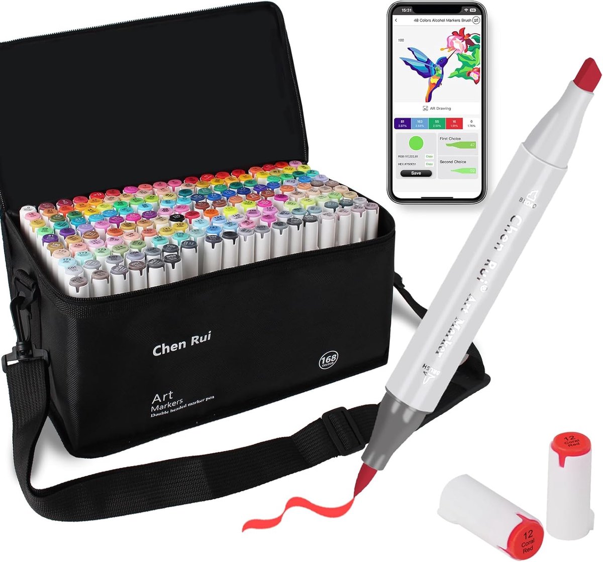 SnelShoppen - 168 Kleuren Alcohol Marker met Penseelpunt en Dubbelzijdige Functie, Alcoholmarkers voor Volwassenen en Kinderen, Perfect voor Tekenen,
