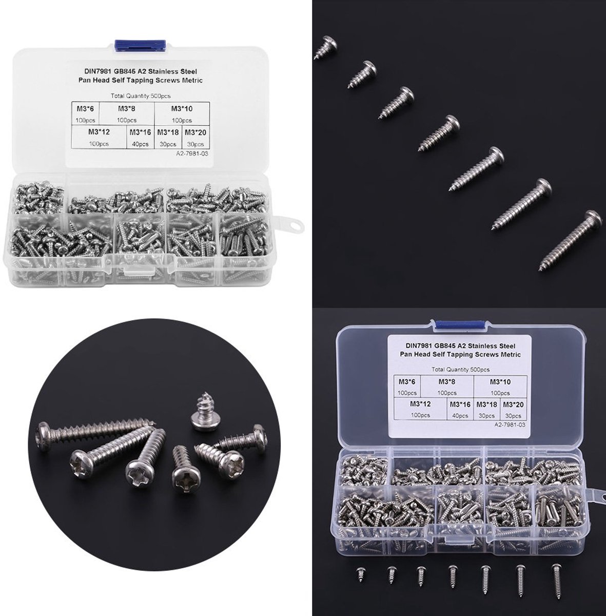 SnelShoppen - 500pcs M3 Zelftappende Schroeven, Kruisdrive Knop, Pan Hoofd, Ronde Hoofd Schroeven, Assortiment in Plastic Doos, Roestvrij Staal, Corro