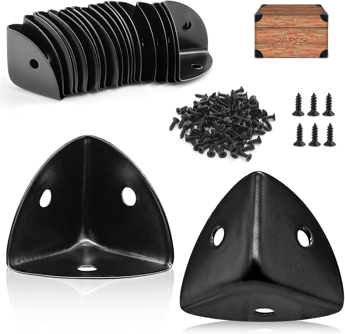 Set van 20 metalen hoekbeschermers voor meubels, dozen en meubels, 25 × 25 × 25 mm, inclusief schroeven, zwart, ideale bescherming voor hoeken en randen