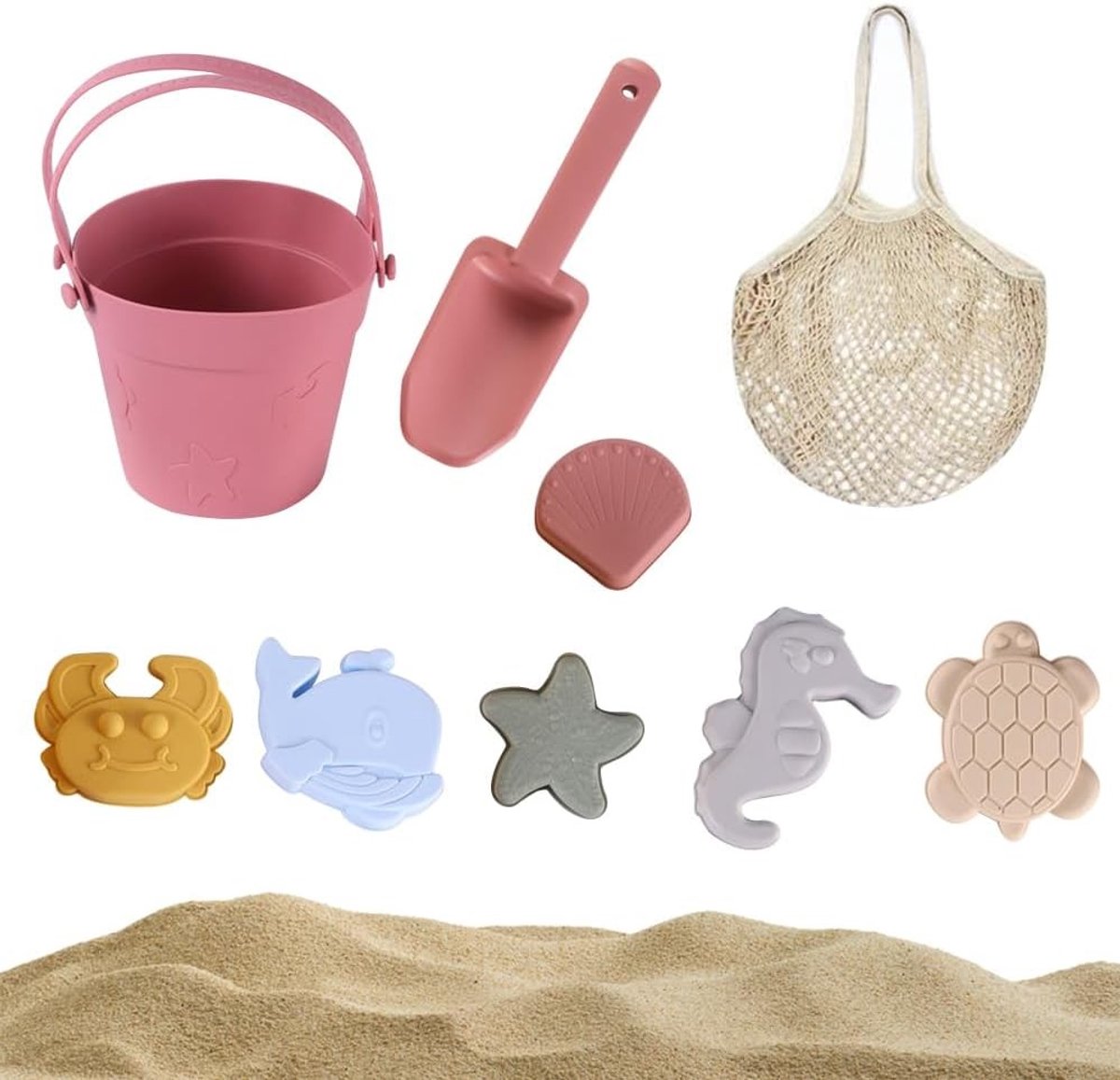 Zandspeelgoedset voor kinderen, 9-in-1 siliconen strandspeelgoed met emmer, schep en zandvormen voor eindeloos speelplezier op het strand