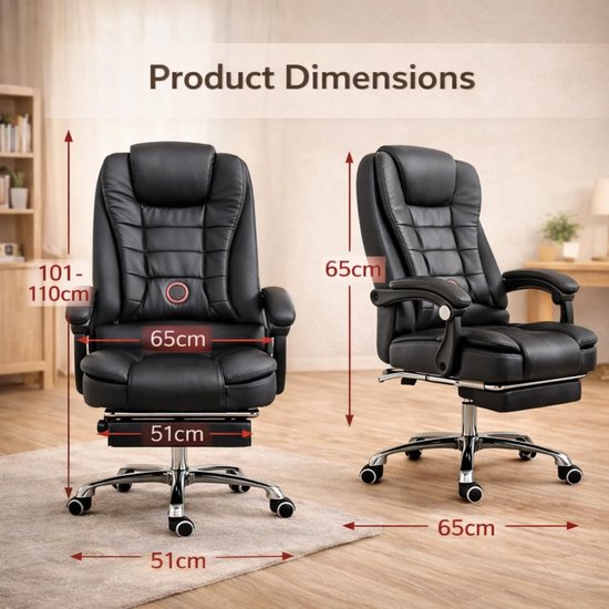 SnelShoppen - Ergonomische Gamingstoel met Voetsteun, Hoge Rug, Lederen Bureaustoel, Comfortabele Executive Ligstoel met 2-Punts Massage, 360° Draaiba van snelshoppen — afbeelding 3