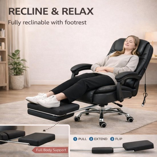 SnelShoppen - Ergonomische Gamingstoel met Voetsteun, Hoge Rug, Lederen Bureaustoel, Comfortabele Executive Ligstoel met 2-Punts Massage, 360° Draaiba van snelshoppen — afbeelding 5