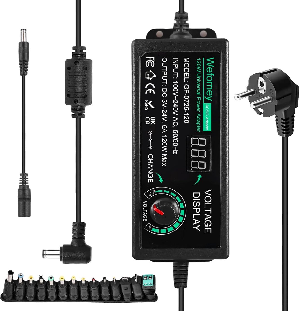 SnelShoppen - 5A 120W Universele Instelbare Voedingsadapter, Instelbare Voeding 3V-24V, Universele Voedingsbron 100V-240V AC naar DC met LED Spanning