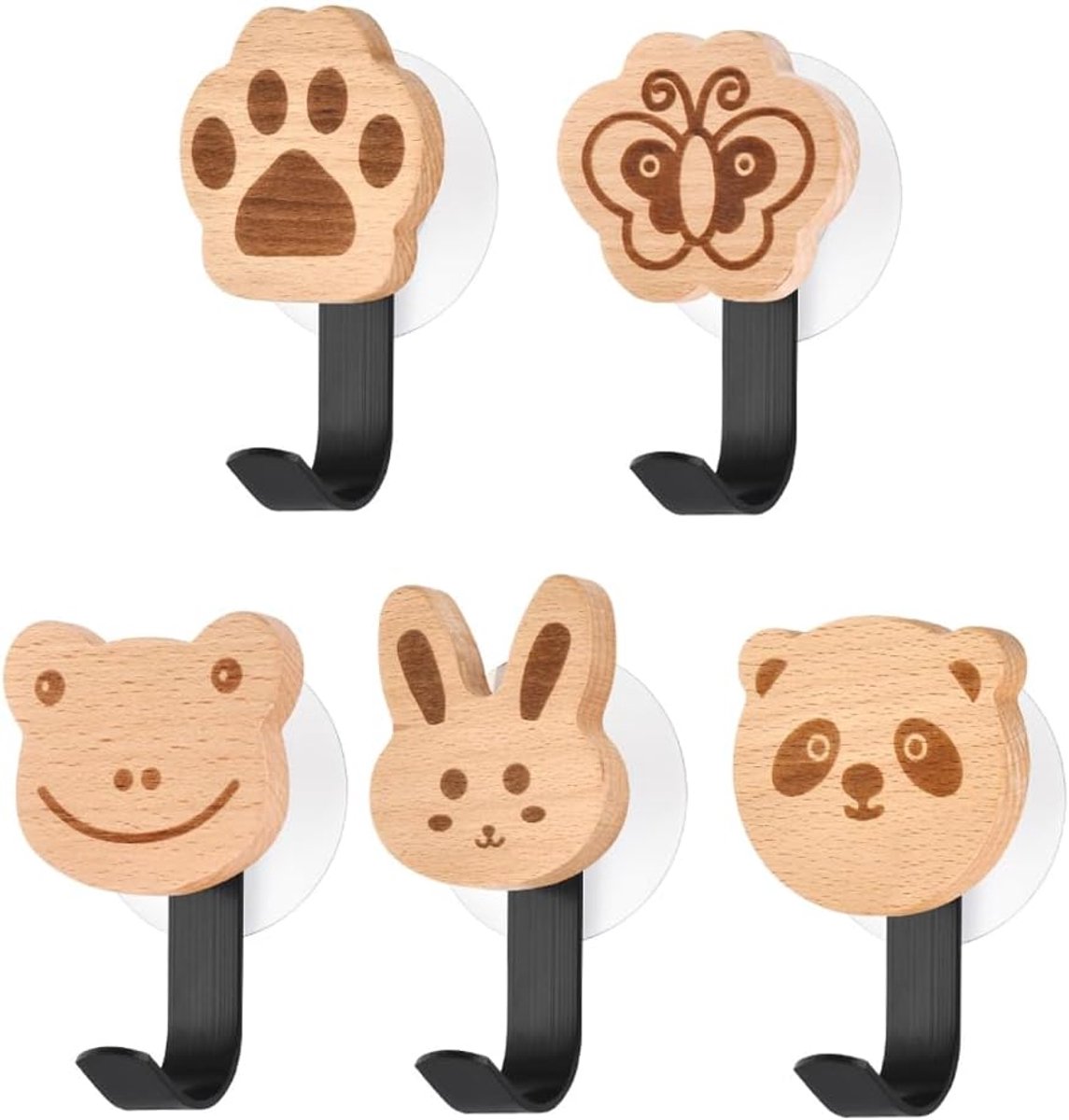 SnelShoppen - Houten Dieren Vorm Wandhaak - Zelfklevende Kapstok Haak voor Kinderen - Schattige Panda, Konijn, Kikker, Vlinder en Kattenpoot - Voor De
