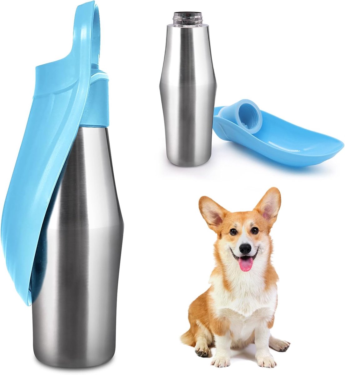 SnelShoppen - Honden Drinkfles 750ml, RVS, 180° Vouwbaar, Draagbare Waterfles voor Honden, Perfect voor Wandelen, Parken, Kamperen (Blauw)