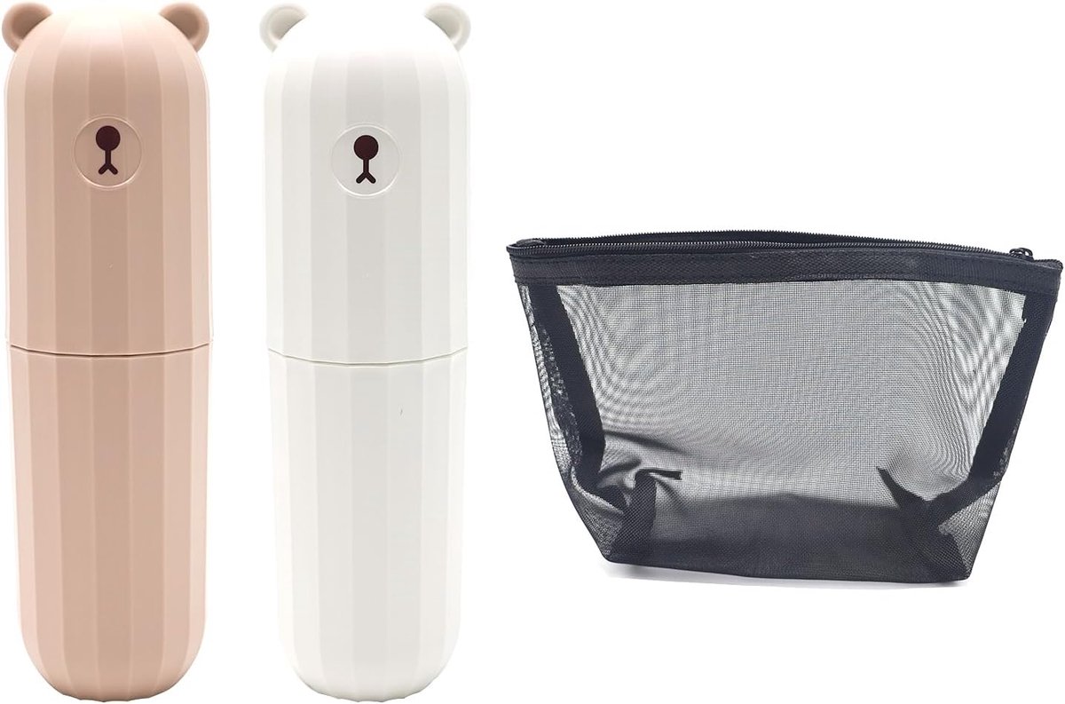 SnelShoppen - 2 Stuks Draagbare Tandenborsteldozen, Kindertandenborstelcase met 1 Stuk Mesh Make-up Tas, Reis Tandenborstel Pouch voor Thuis, Reis, Ka