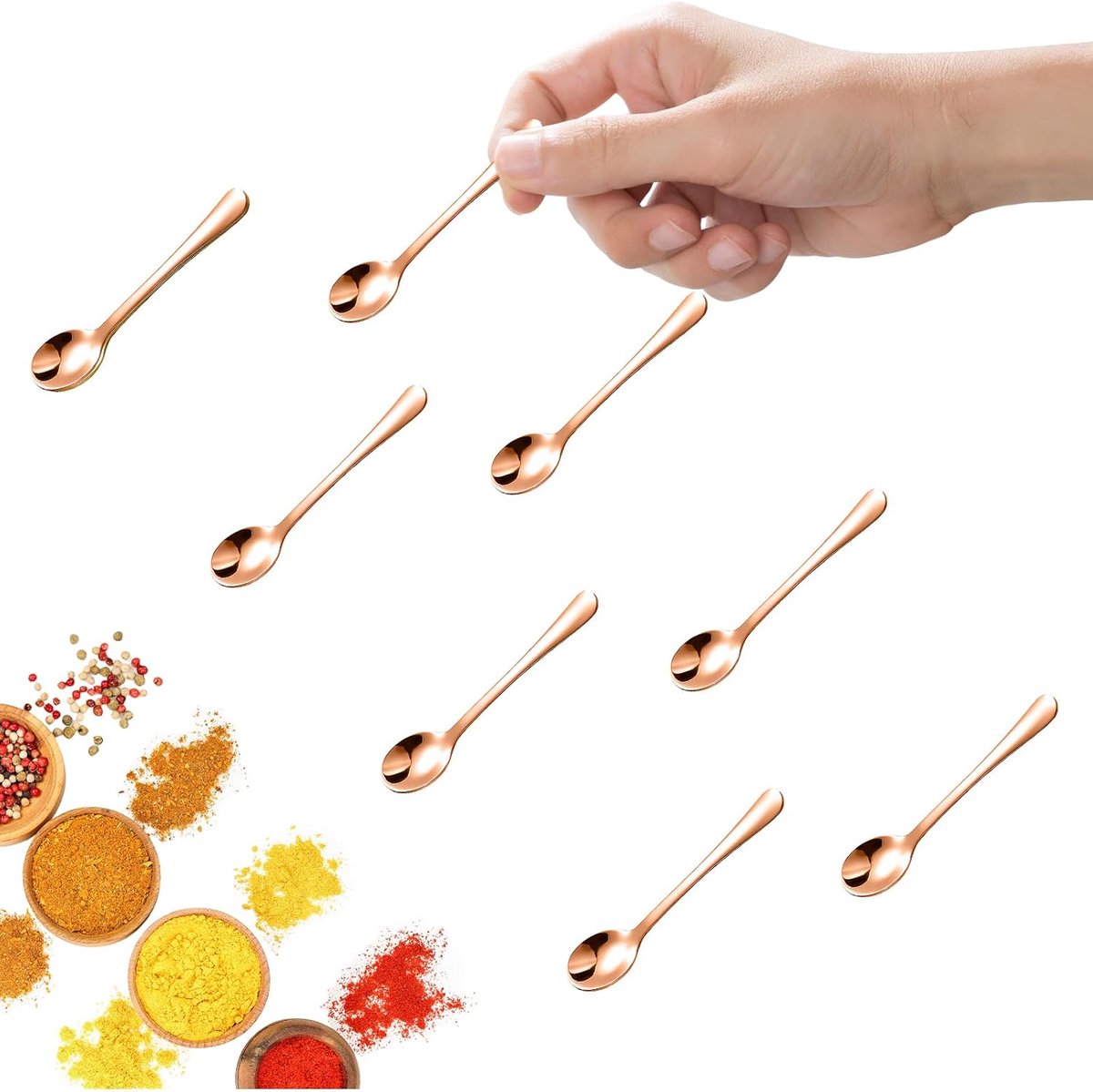 SnelShoppen - 8 Stuks Mini Rvs Lepels voor Specerij Potjes, Kleine 7.5CM Lepels voor Kruidens, Zout, Schattige Roze Gouden Lepels voor Keuken, Koken,
