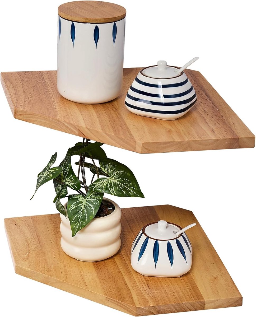 Set van 2 Hoekplanken van Massief Eikenhout voor Woonkamer en Slaapkamer - Vintage Landhuisstijl met Draadgat en Diamantvorm 28.5cm