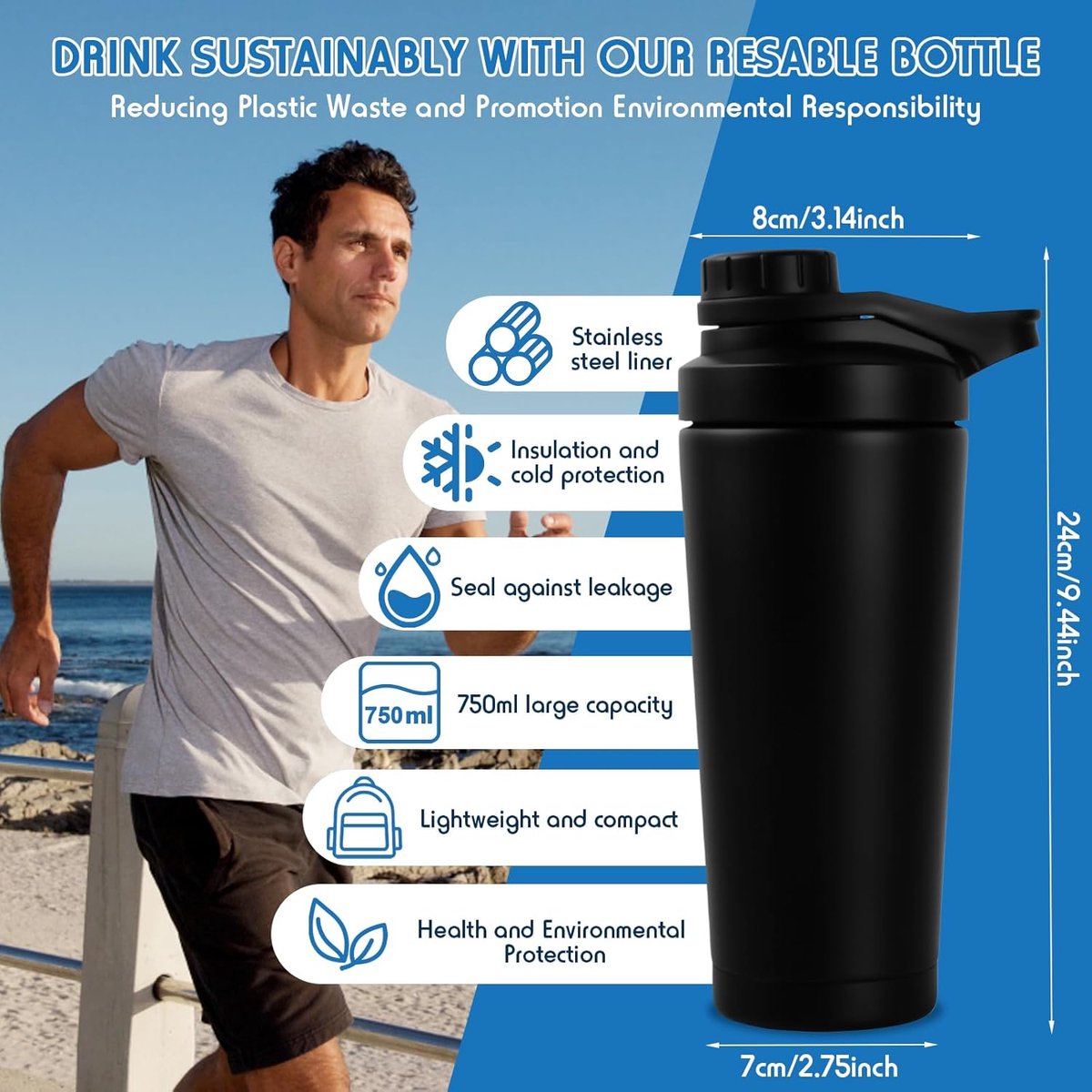Protein shaker 750 ml - roestvrij staal - dubbelwandig - perfect gemengd shake - ShopVlot