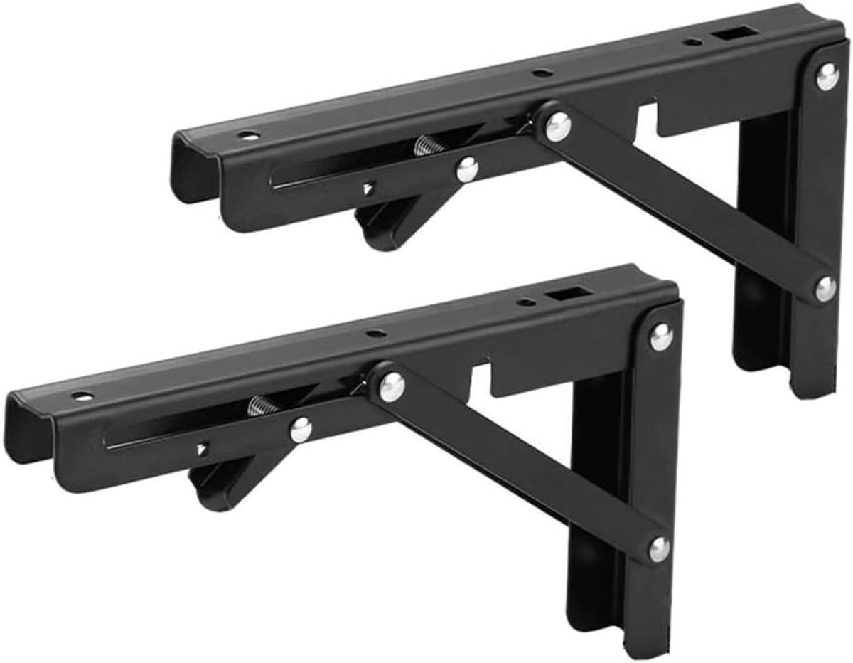 SnelShoppen - 2 Stuks Vouwbare Plankdragers Console Zwart 200 mm, 90 Graden, Volledig Inklapbaar voor Thuiswerkplek, Keuken, Garage, Ruimtebesparend