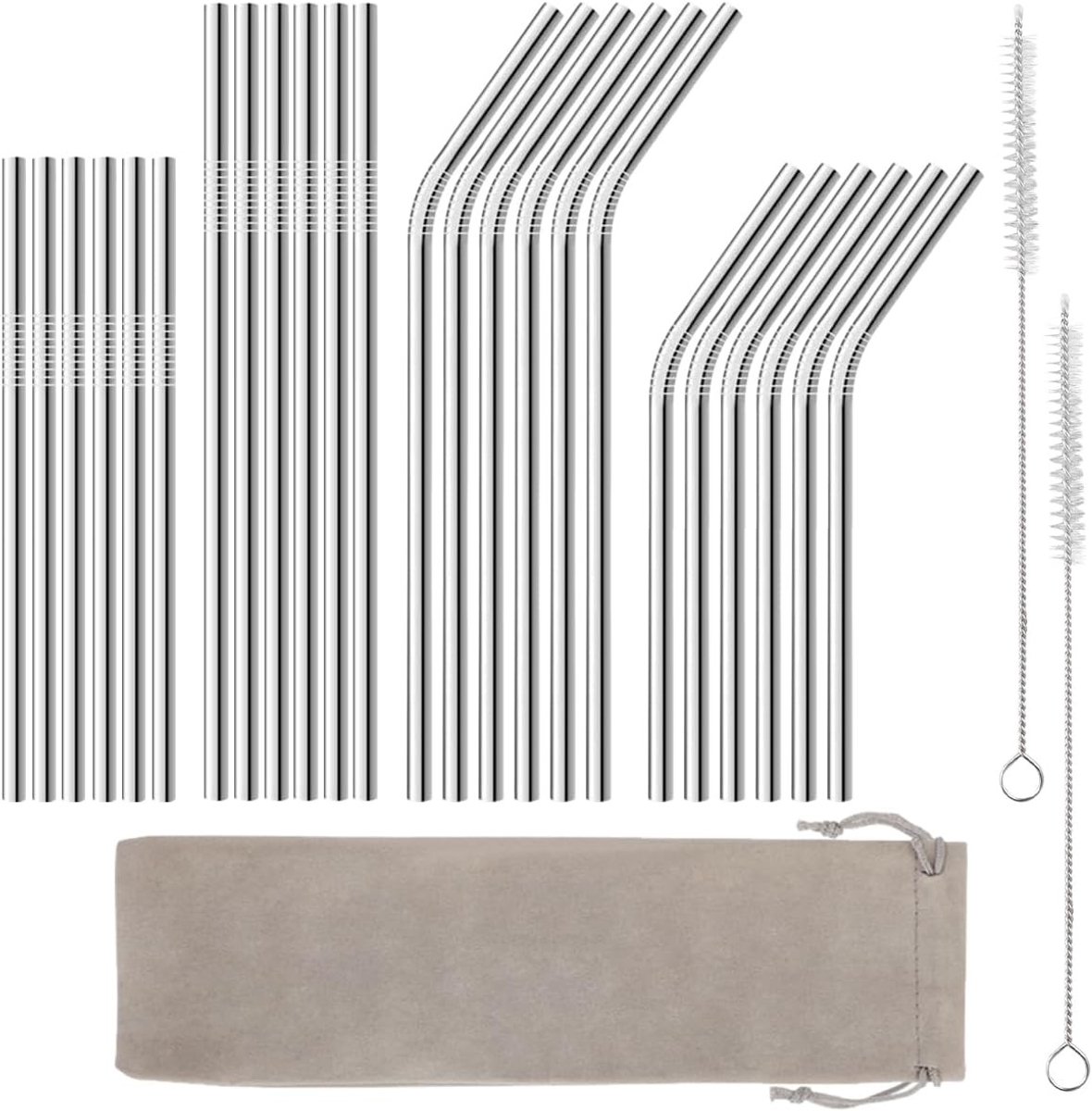 Roestvrijstalen Rietjes - Zilver - 215 mm en 265 mm - Herbruikbare Rietjes met Schoonmaakborstels - Voor Dranken, Cocktails en Smoothies