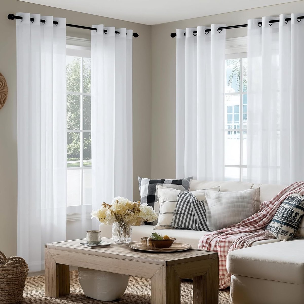 SnelShoppen - Kanten Gordijnen Set van 4 Panelen voor Woonkamer, Slaapkamer, Studie en Kinderkamer, 140x245cm, Wit, 100% Polyester, Transparant, Ideaa