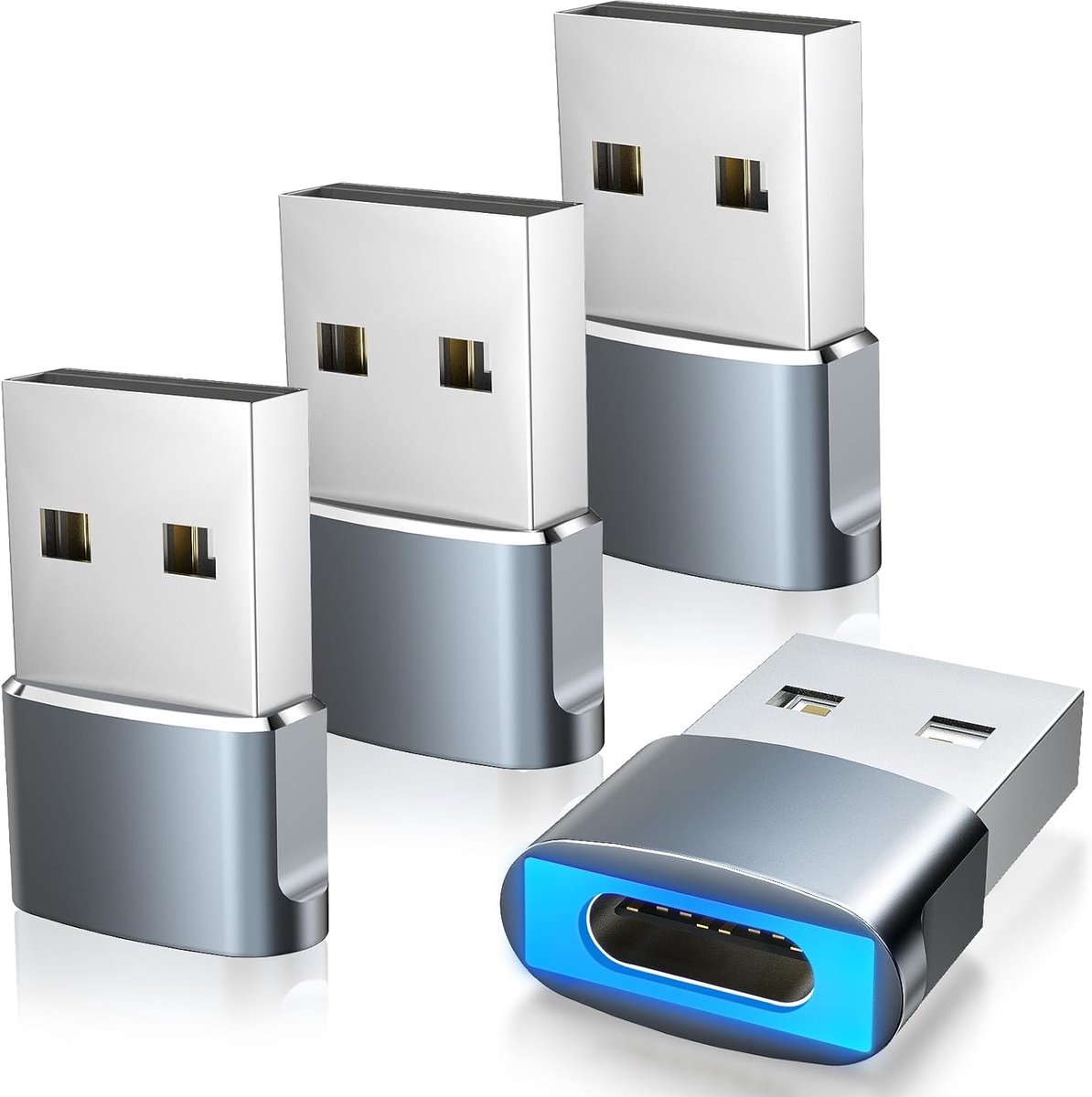 SnelShoppen - USB naar USB C-adapter met LED-licht - 4-pack USB A mannelijk naar USB C vrouwelijke adapter - 27W snel opladen voor iPhone 16e/16/15 Pr